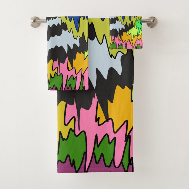 Bold Abstract Colourful Liquid Drip Wavy Stripe Bath Towel Set (Insitu)