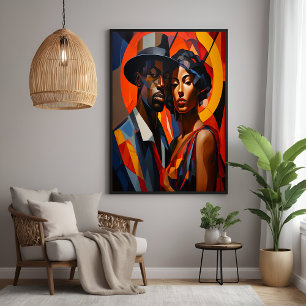 Bold Abstract Cubism Couple Portrait – Modern Art Poster