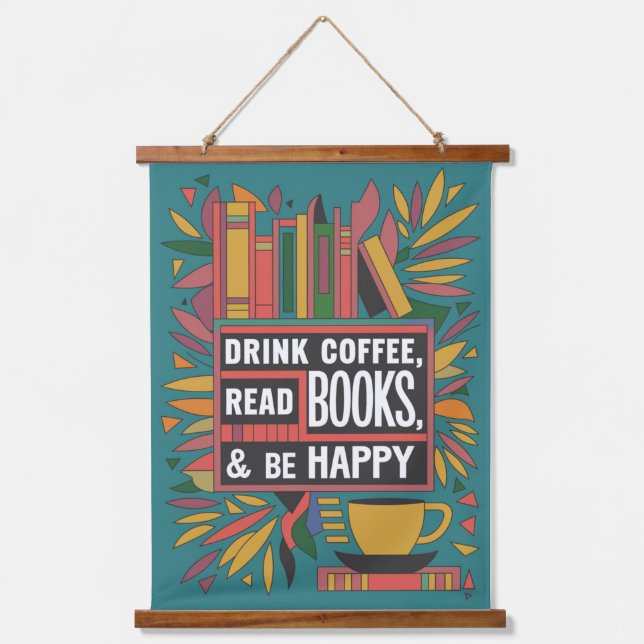 Bold Abstract "Drink Coffee, Read Books" Hanging Tapestry (Front)