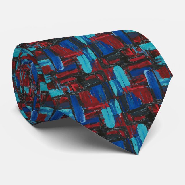 Bold Abstract Expressionist Ruby and Turquoise Tie (Rolled)