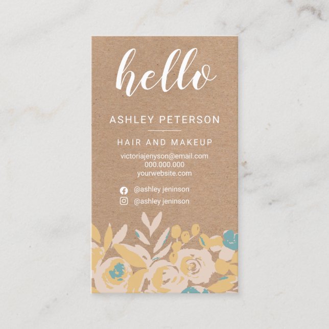 Bold abstract floral brown kraft chic hello script business card (Front)