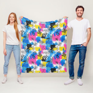 Bold Abstract Floral in Blue Pink and Yellow Fleece Blanket