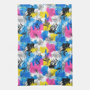 Bold Abstract Floral in Blue Pink and Yellow Tea Towel
