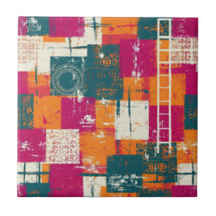 Bold Abstract Geometric - Grunge Brush Texture Ceramic Tile