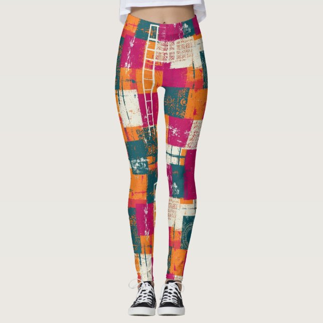 Bold Abstract Geometric - Grunge Brush Texture Leggings (Front)