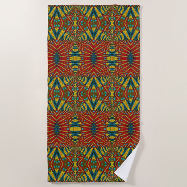 Bold Abstract Hippie Red Yellow Blue Ethnic Trippy Beach Towel (Front)