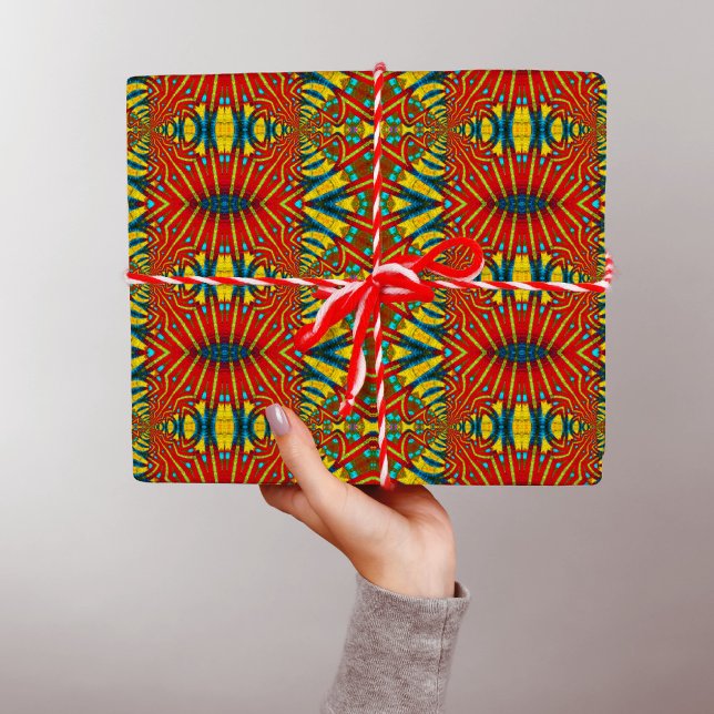 Bold Abstract Hippie Red Yellow Blue Ethnic Trippy Wrapping Paper (Creator Uploaded)