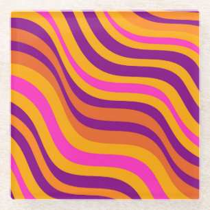 Bold Abstract Orange Purple Wavy Stripe Retro Glass Coaster