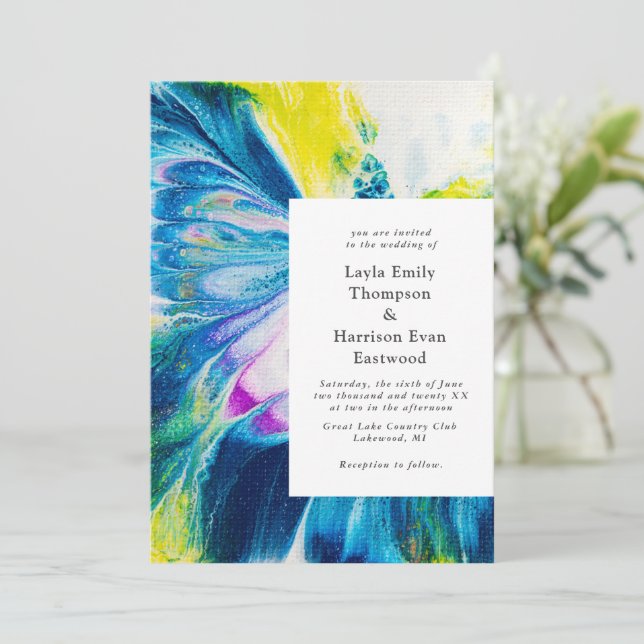 Bold abstract painted background invitation (Standing Front)