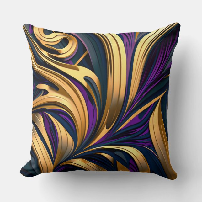 Bold abstract strokes in purple gold cushion (Front)