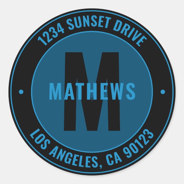 Bold Address, Slogan or Other Text | Blue & Black Classic Round Sticker (Front)