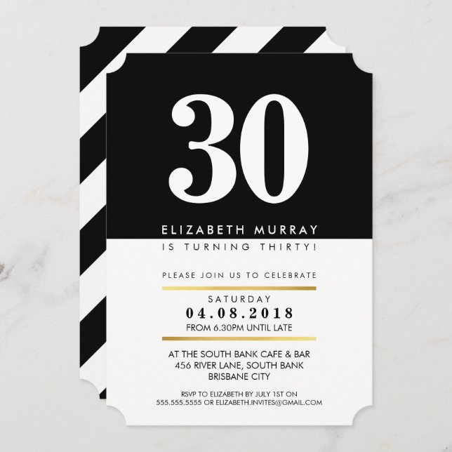 BOLD AGE NUMBER minimal black white 30TH INVITE (Front/Back)