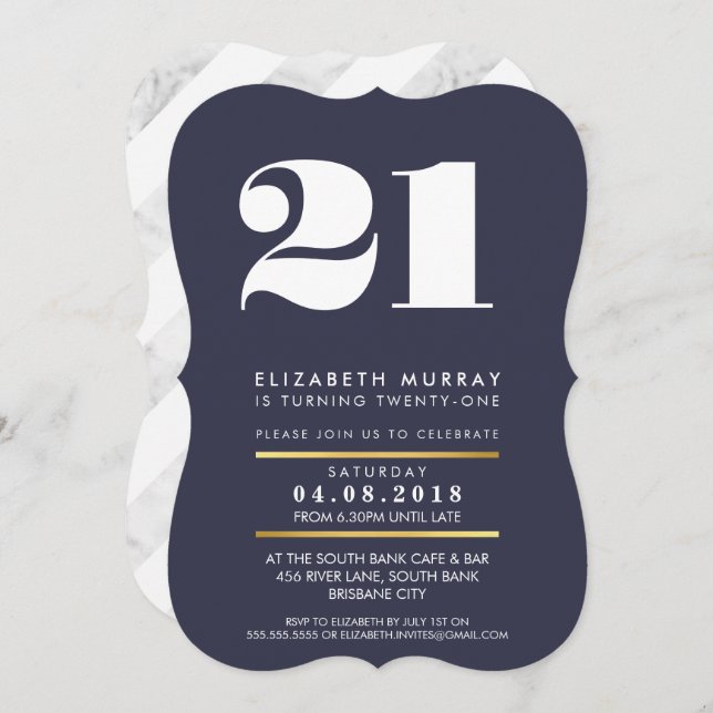 BOLD AGE NUMBER minimal navy white 21st INVITE (Front/Back)