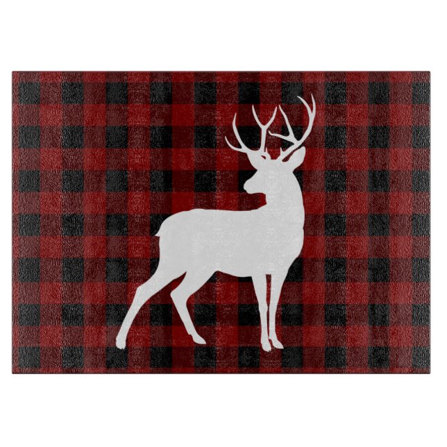 Bold and Beautiful Red buffalo Plaid and Deer Cutting Board (Front)