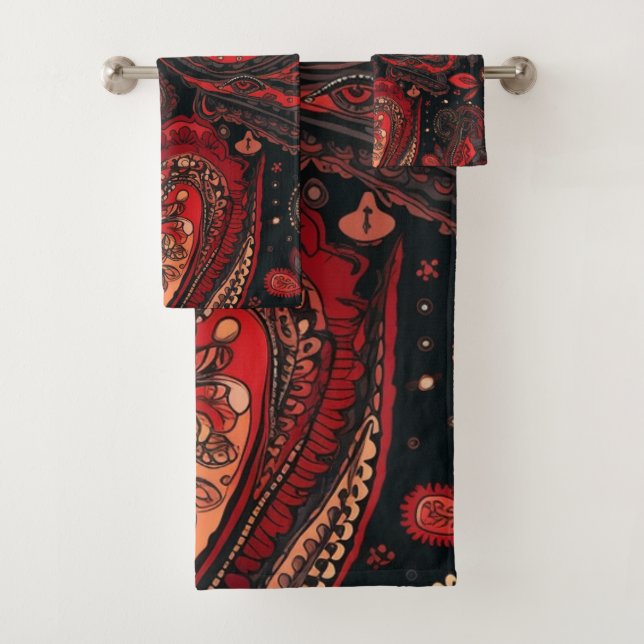 Bold and Beautiful Red Paisley Pattern Design Bath Towel Set (Insitu)