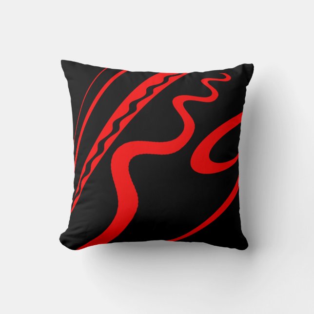Bold and Bright Red on Black Modern wavy Design Cushion (Front)