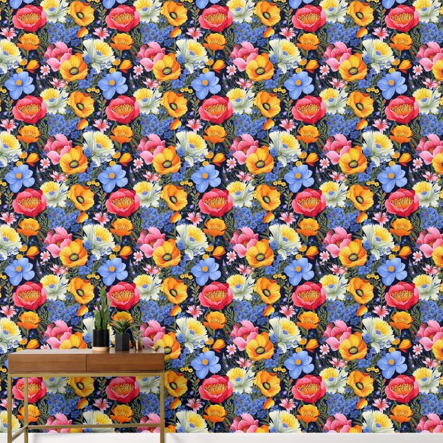 Bold and Bright Red Yellow Blue White Florals Wallpaper (Hallway)