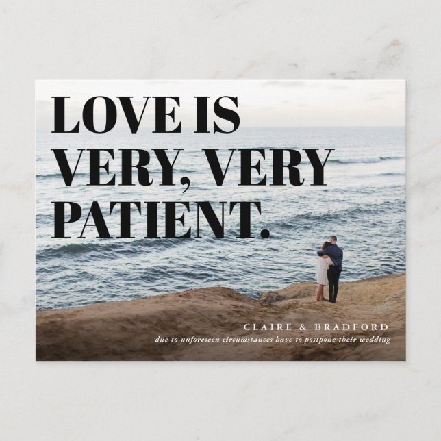 Bold and Cheeky Typographic Wedding Postponed Announcement Postcard (Front)