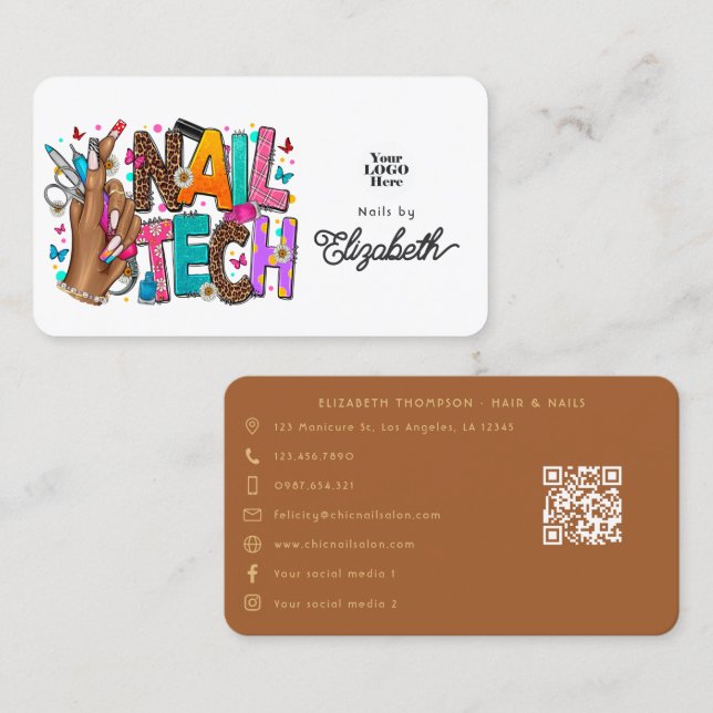 Bold and Colourful African American Nail Tech Business Card (Front/Back)