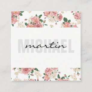 Bold and Cursive Text Elegant Flower Trim Pattern Square Business Card