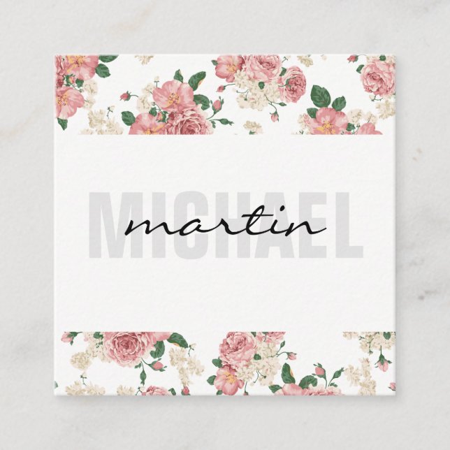 Bold and Cursive Text Elegant Flower Trim Pattern Square Business Card (Front)