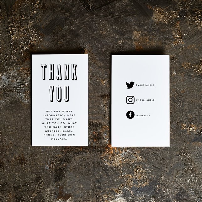 Bold and fun thank you Enclosure Card (Big bold 3D text "Thank you" insert card with black on white social media icons, details and message)