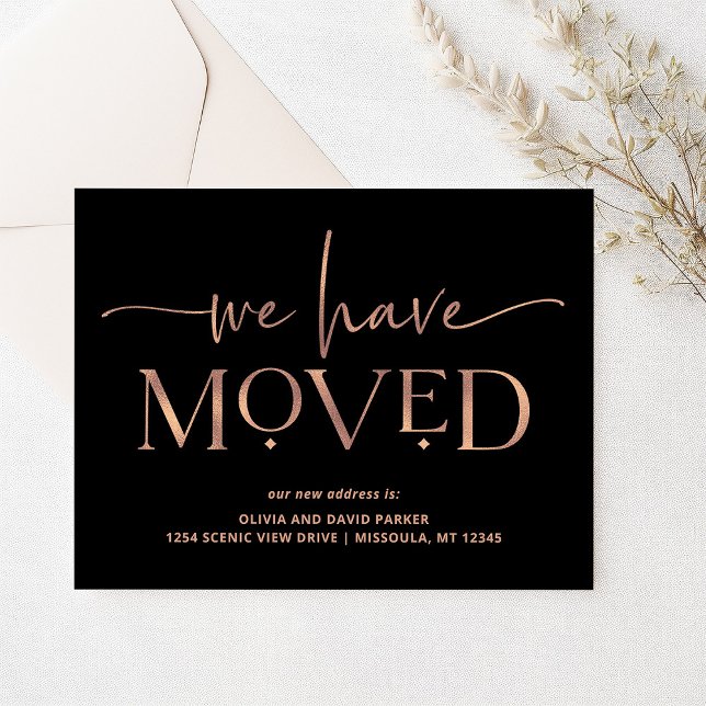 Bold and Modern | Moving Announcement Postcard (Faux rose gold and black change of address postcards)