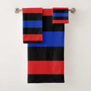Bold and vibrant red, black and blue stripes bath towel set