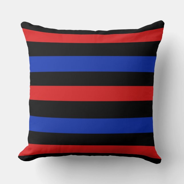 Bold and vibrant red, black and blue stripes patte cushion (Front)