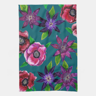 Bold Anemone & Clematis Watercolor Kitchen Towel