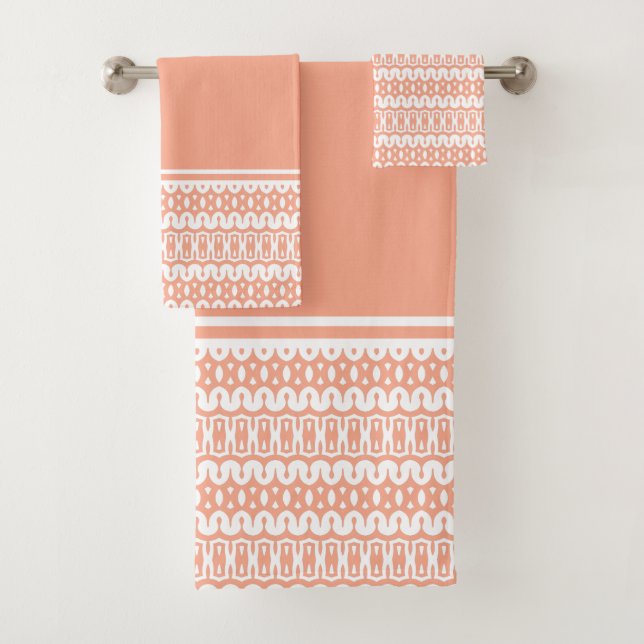 Bold Apricot and White Abstract Striped Pattern Bath Towel Set (Insitu)