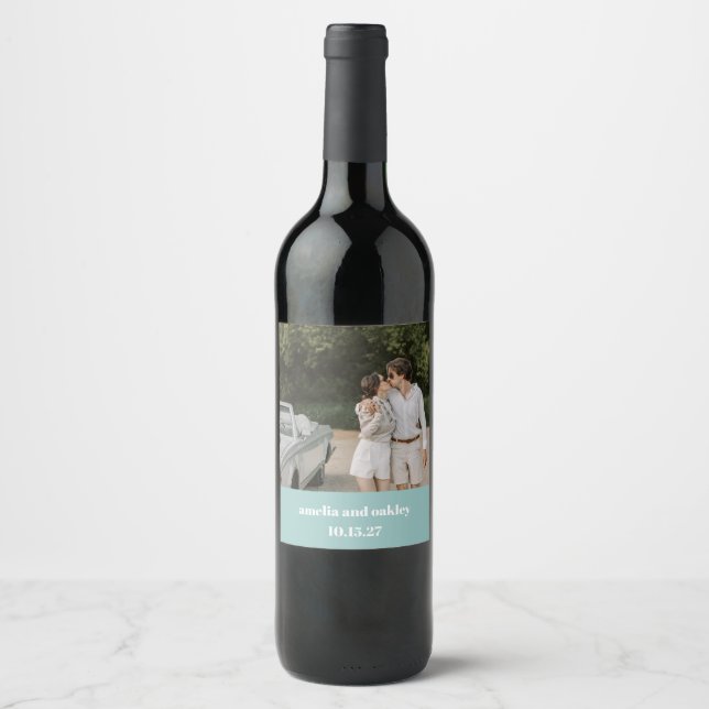 Bold Aqua Blue Retro Custom Wedding Photo Wine Label (Front)