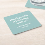 Bold Aqua Blue Retro Custom Wedding Thank You  Square Paper Coaster<br><div class="desc">Add a thoughtful touch to your wedding reception or special event with these personalised thank-you coasters! Featuring a modern and minimalist design in soft aqua blue with elegant white typography, these coasters are a stylish way to show appreciation to your guests. Customisable with the couple’s names and wedding date, they...</div>