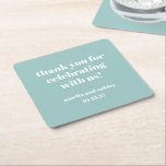 Bold Aqua Blue Retro Custom Wedding Thank You  Square Paper Coaster<br><div class="desc">Add a thoughtful touch to your wedding reception or special event with these personalised thank-you coasters! Featuring a modern and minimalist design in soft aqua blue with elegant white typography, these coasters are a stylish way to show appreciation to your guests. Customisable with the couple’s names and wedding date, they...</div>