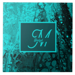 Bold Aqua Teal Marble Monogram Ceramic Tile