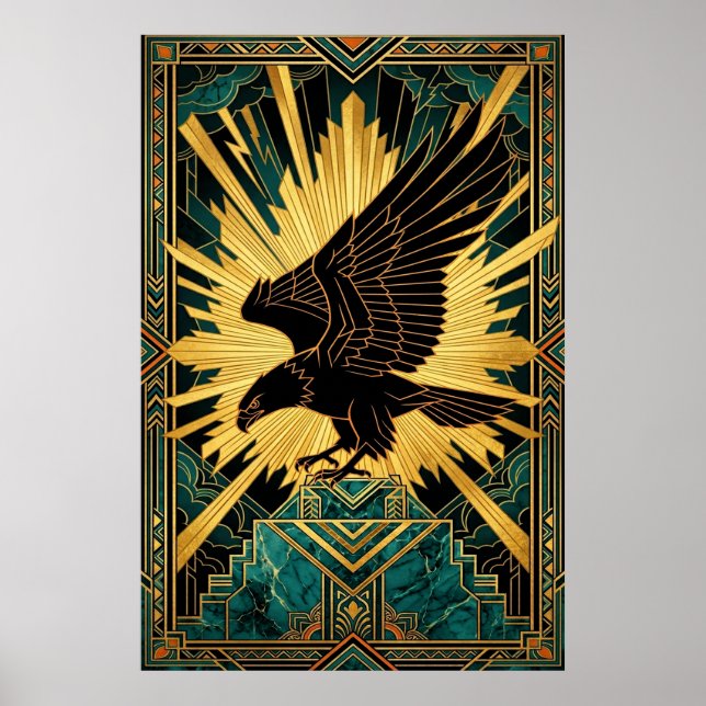 Bold Art Deco Eagle Flight Gold & Black Poster (Front)
