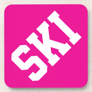 Bold Athletic Diagonal SKI White Text On Hot Pink Coaster