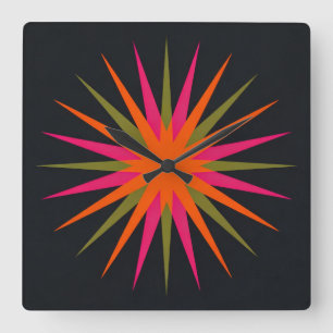 Bold Atomic Starburst Explosion Pattern Square Wall Clock
