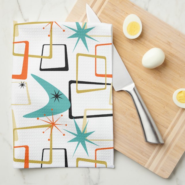 Bold Atomic Stars Boomerang Squares Mid Century Tea Towel (Quarter Fold)
