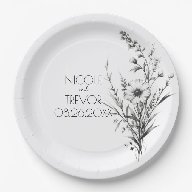 Bold B&W Wildflowers Paper Plate (Front)
