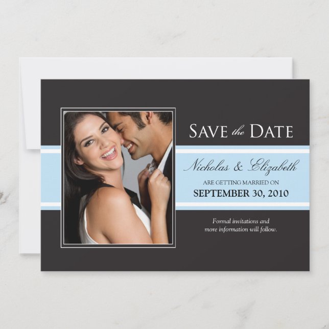 Bold Baby Blue Stripe Save the Date Announcement (Front)