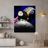 Bold Bald Eagle On Moon Colorful Rainbow Space Art