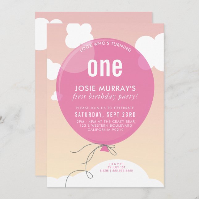 BOLD BALLOON birthday party invite sunset sky pink (Front/Back)