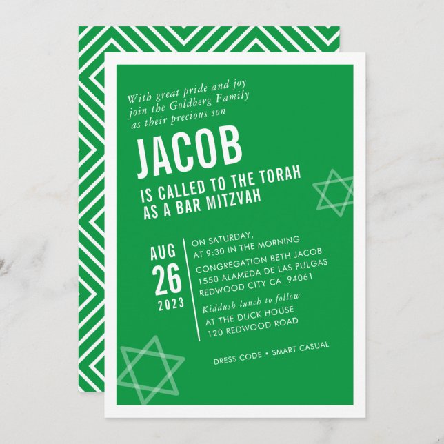 BOLD BAR MITZVAH simple modern angle green white Invitation (Front/Back)