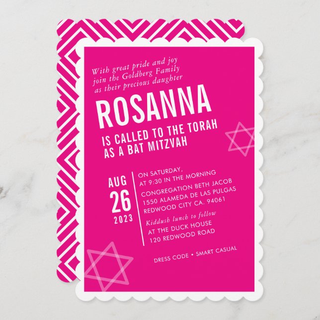 BOLD BAT MITZVAH modern angle cute hot pink white Invitation (Front/Back)