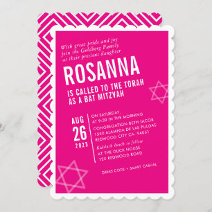 BOLD BAT MITZVAH modern angle cute hot pink white Invitation