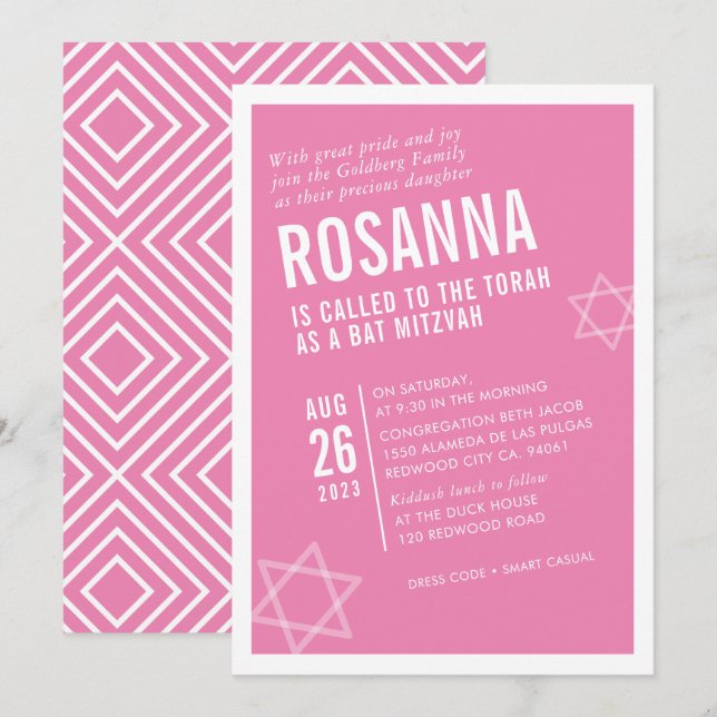 BOLD BAT MITZVAH simple modern angle pink white Invitation (Front/Back)