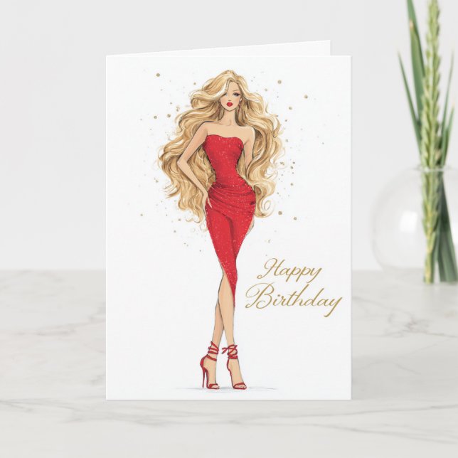 Bold & Beautiful Red Dress Birthday Card (Front)