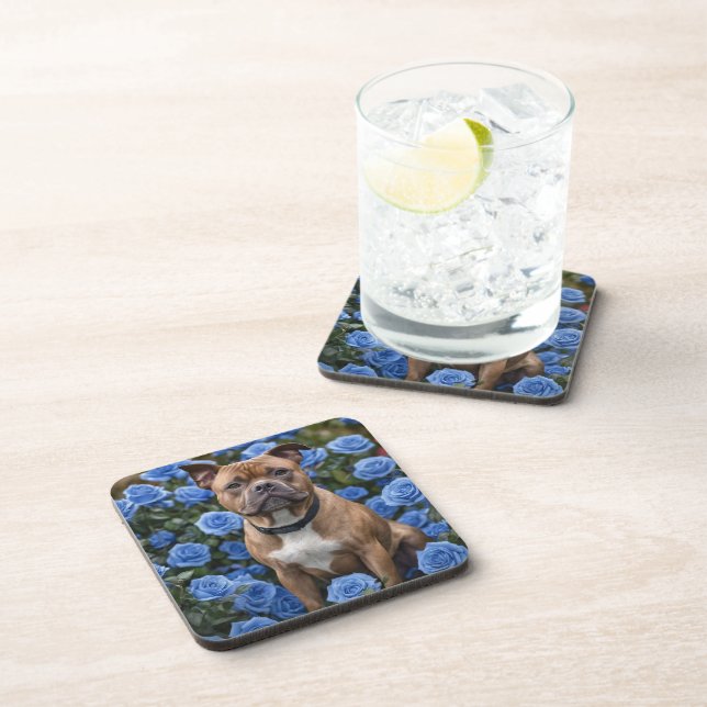"Bold Beauty: A Brown Staffy in a Blue Rose Garden Coaster (Right Side)