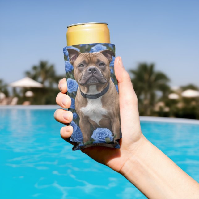 "Bold Beauty: A Brown Staffy in a Blue Rose Garden Seltzer Can Cooler (In Situ Pool)